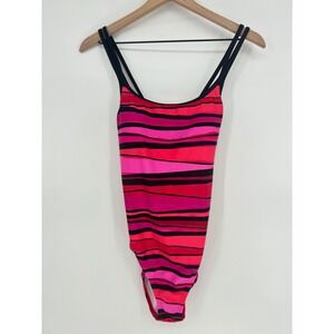 "NWT" Speedo Womens Striped One-Piece Strappy Swimsuit In Deep Magenta Sz 8